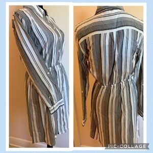 PINK ROSE black natural long sleeve shirtdress summer neutral pinstripe